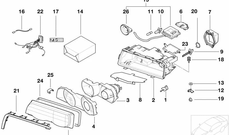 Soporte izquierdo de tulipa faro Xenón OEM 63128386325 para BMW Serie 7 E38. Original BMW.