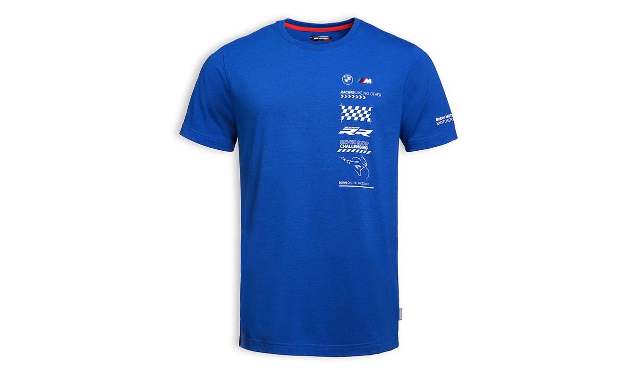 Camiseta BMW Motorrad Race Team azul OEM 76615B3E406 para BMW Motorrad. Diseño deportivo con logos BMW y M, ideal para fans del motociclismo. Original BMW Motorrad. Disponible en tallas S a 3XL.