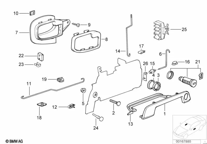 Palanca de puerta izquierda OEM 51218397285 para BMW Z3 E36 (1994-2002). Original BMW.