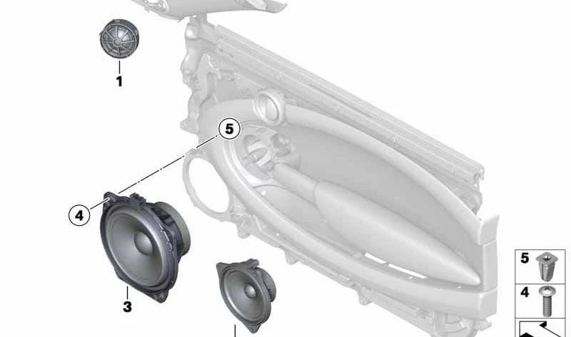 Altavoz tonos medios/Woofer Stereo OEM 65123450757 para MINI R56, Clubman R55, Cabrio R57, Coupé R58, Roadster R59... y más. Original MINI.