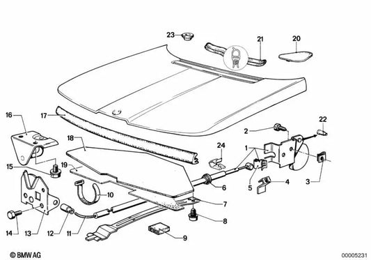 Accionamiento de capó delantero OEM 51231822255 para BMW E12 518, 520. Original BMW.