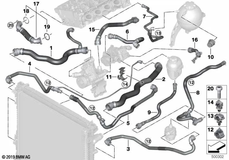 Tubo flexível do tanque de compensação OEM 17129797616 para BMW X5 G05, X5L G18, X6 G06. BMW genuíno.