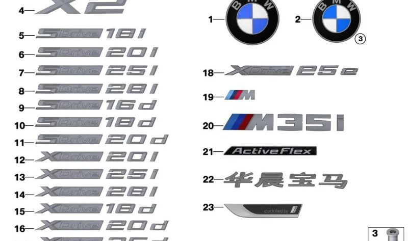 Emblema "X2" lateral izquierdo OEM 51145A261A7 para BMW F39. Original BMW.