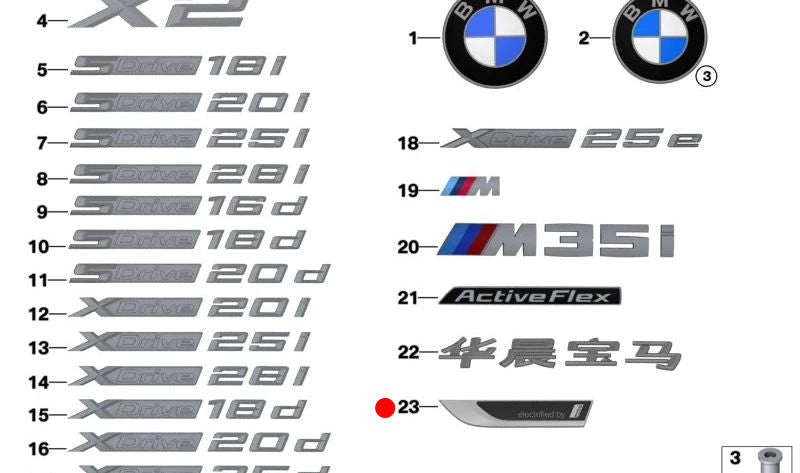 Emblema "electrified by i" lateral izquierdo OEM 51145A261A7 para BMW F39. Original BMW.