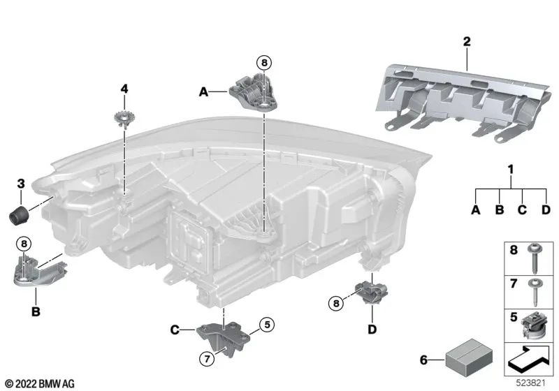 Kit de reparación del faro derecho OEM 63115A64454 para BMW X1 (U11) 18i, 20d, 20i, 23d, M35iX... y más. Original BMW.