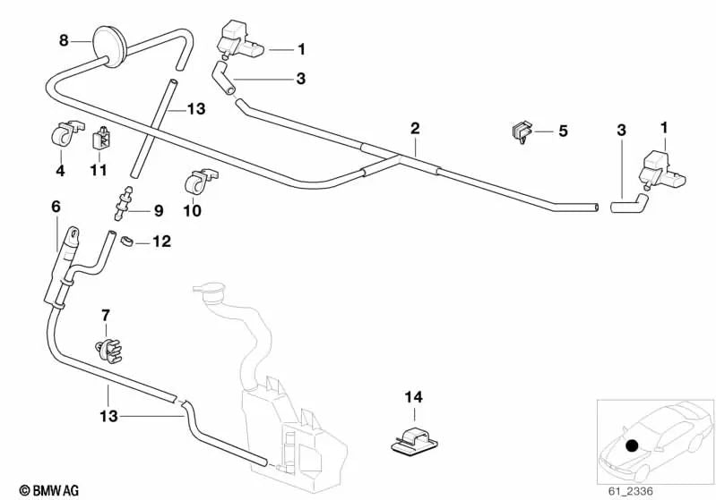 Conducto tubo flexible de lavacristales OEM 61668372199 para BMW Serie 7 E38 (1995-2001). Original BMW.