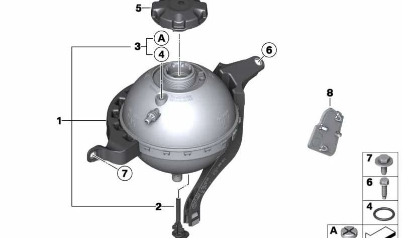 Depósito de expansión refrigerante OEM 17138614293 para BMW F07, F10, F11, F18 y sus variantes (F07N, F10N, F11N, F18N). Repuesto original BMW.