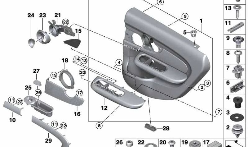 Rejilla altavoz puerta trasera izquierda OEM 51427412177 para MINI F54 (todos los modelos compatibles). Pieza original MINI.