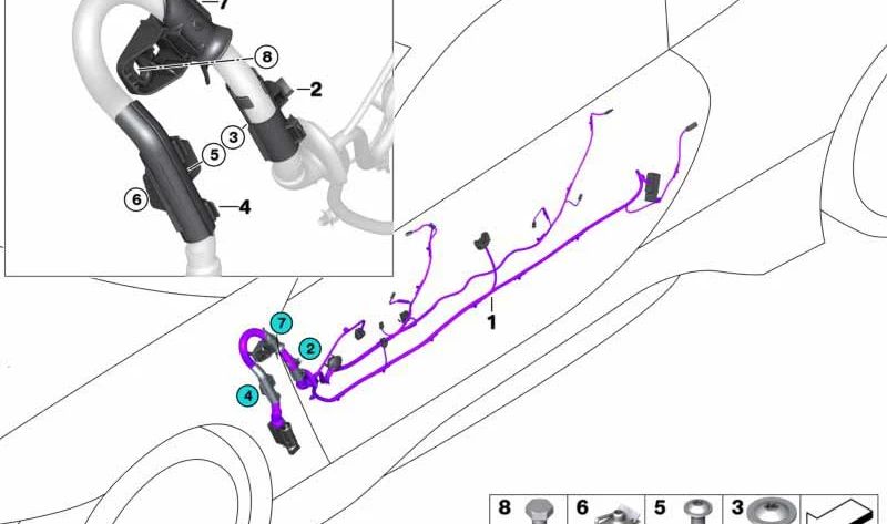 Cableado de puerta lado pasajero OEM 61118729817 para BMW i15. Original BMW.