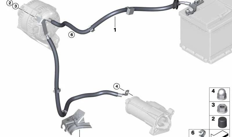 Cable de batería / arranque OEM 12428580061 para BMW {F40, F44, F45, F46, F48, F39} y MINI {F54, F55, F56, F57, F60}. Repuesto original BMW y MINI.