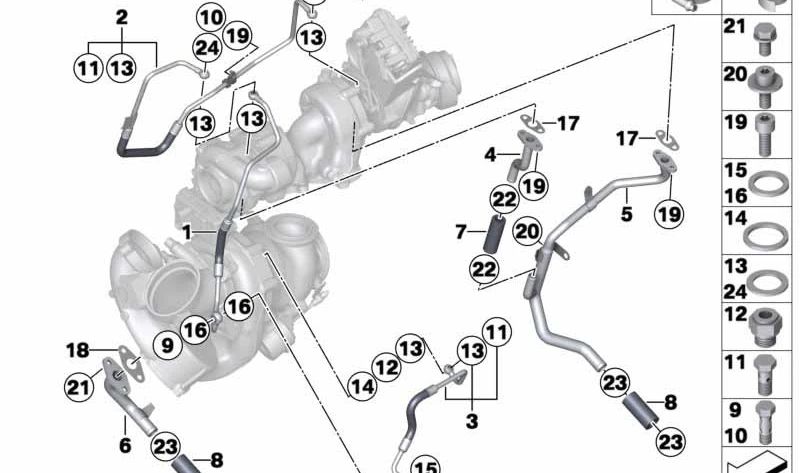 Tubería de aceite OEM 11428508031 para BMW F10, F11, F01, F02, E70, F15, E71, F16. Original BMW.