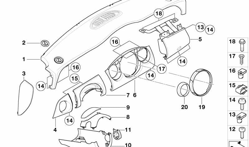 Revestimiento superior del panel de instrumentos Panther Black OEM 51457055523 para MINI R50, R53. Original MINI.