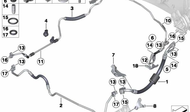 Tubería de alta presión compresor a condensador OEM 64539239768 para BMW E82, E88, E90, E91, E92, E93. Original BMW.
