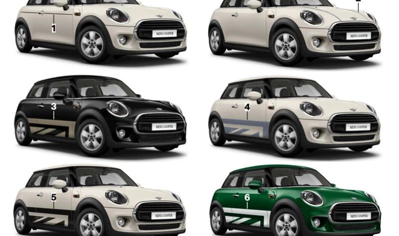 Vinilo lateral exterior color Frozen Blue OEM 51145A0DB89 para MINI F56 (todos los modelos Cooper y variantes 2013-2024), incluyendo versiones con cambio manual y automático. Original MINI.