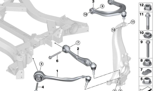 Brazos de suspensión superiores izquierdo con corrección de caída OEM 31106883835 para BMW G05, G18, G06, G07, I20. Original BMW.
