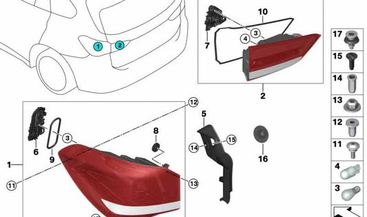 Side wall rear light bulb holder OEM 63217456407 for BMW X1 F48, X1 F48 LCI. Genuine BMW.