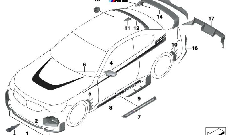 Tapón cubremempejo izquierdo en carbono OEM 51168075065 para BMW G42, G87, G20, G21, G80. Compatible con modelos M240i xDrive, M2, M340i/M340d xDrive, M3. Pieza original BMW.