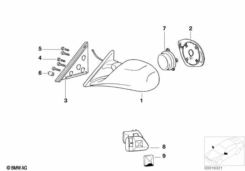 Verre de miroir chauffé (côté passager) pour BMW E36, E34 (OEM 5116257556). BMW d'origine.