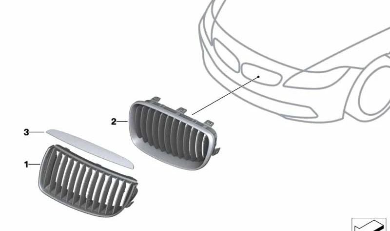 Grille décorative gauche 51117117757 pour BMW Z4 E85 (tous les modèles: 2.0i, 2.2i, 2.5i, avec un changement manuel et automatique). Finition graphite. BMW d'origine.