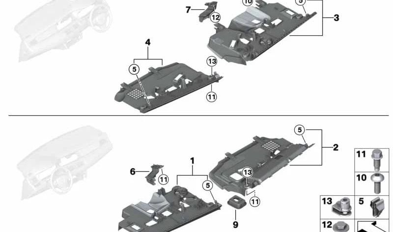 Soporte plástico inferior del salpicadero lado conductor OEM 51459170417 para BMW F07, F10, F11, F18, F06, F12, F13, F01, F02, F04. Original BMW.