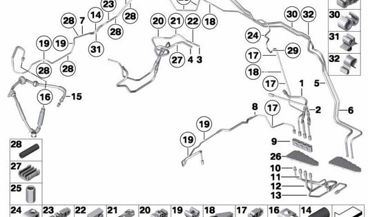 Tubo de freno OEM 34326775103 para BMW F07, F10, F11, F06, F12, F13, F01, F02, F04. Compatible con sistemas de freno delanteros. Original BMW.