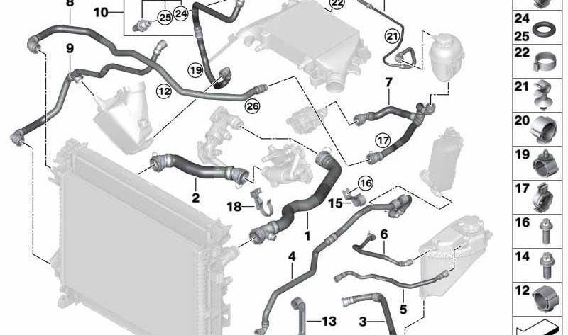 Manguera de depósito de expansión OEM 17128582012 para BMW X5 G05, X6 G06, X7 G07. Original BMW.