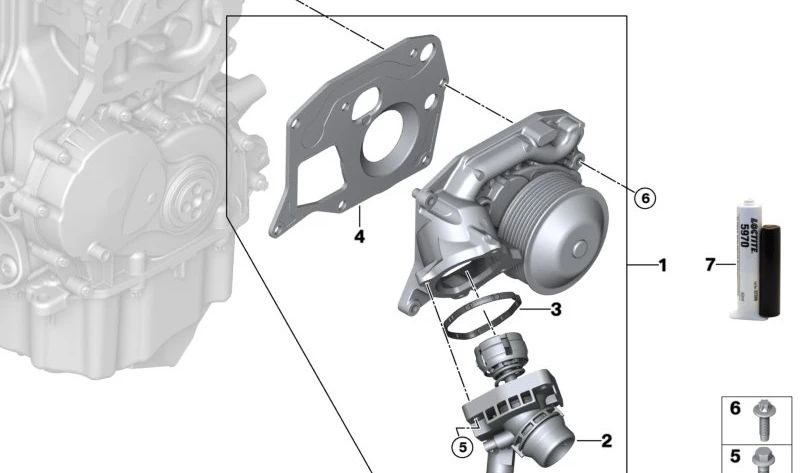 Bomba de agua con termostato OEM 11518617545 para BMW F45, F45N, F48N, F49, F49N, F39 y MINI F60, F60N. Recambio original BMW y MINI.