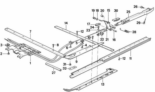 Guia de deslizamento à direita 54121911668 para BMW E21, E28, E23. Pede BMW original usada em mecanismos de telhado deslizante.