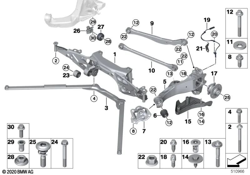 Brazo transversal inferior trasero OEM 33328845176 para BMW F70, F44, F74... y más. Original BMW.