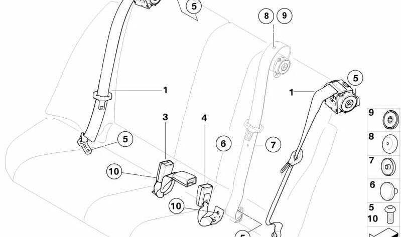 Cinturón trasero derecho OEM 72117245663 para BMW E81, E87, E90, E91. Recambio original BMW.