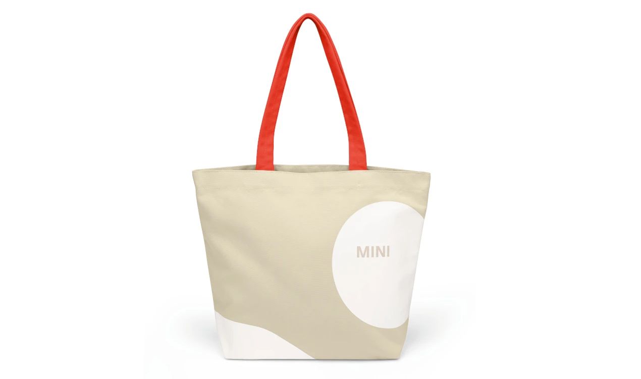 Bolso shopper MINI Car Face Detail 13L color Vibrant Silver OEM 80225B320D1, repelente al agua, con logo MINI y estampado frontal. Válido para BMW y MINI. Original MINI.