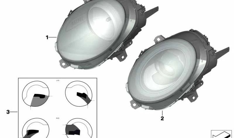 Juego de láminas protectoras faro delantero OEM 63120040579 para MINI F54. Compatible con versiones Cooper, Cooper D en producción desde 2015 hasta 2024. Original MINI.