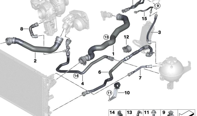 Tubo manguito del vaso de expansión OEM 17128572913 para BMW G30, G31, G11, G12. Repuesto original BMW.