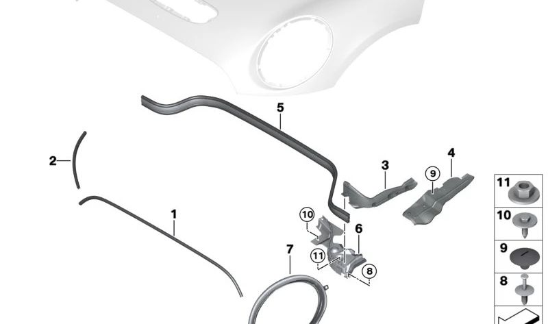 Junta lateral capó delantero OEM 51767388099 para MINI F60 Cooper (todos los modelos y motores compatibles). Original MINI.