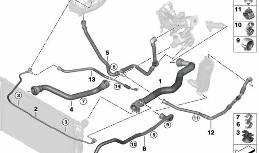 OEM -Kühlerschlauch 17128514078 für BMW F20, F21 (alle kompatiblen Versionen). Originaler BMW Ersatz.