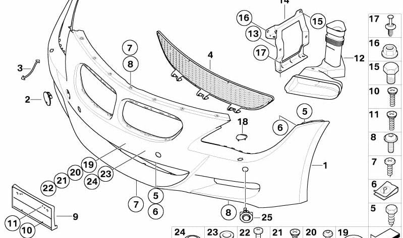 Central grill front bumper OEM 51117898287 for BMW E63 and E64. Original BMW.