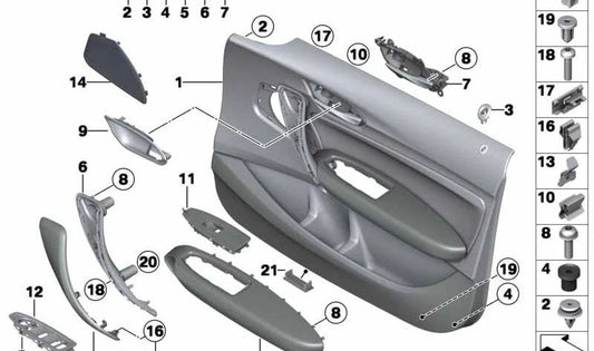 Panel de puerta tela delantera izquierda OEM 51417282811 para BMW F20 (114d, 114i, 116d, 116d EfficientDynamics). Original BMW. Color plata/negro.