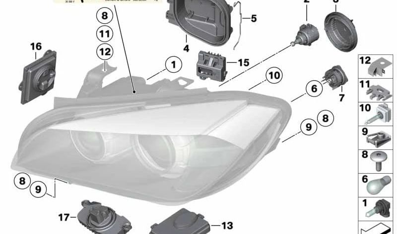 Guia REPARAÇÃO DA INTERIOR ESQUERDA OEM 63117175227 para BMW E90, E91, X1 E84. Compatível com os faróis de halogênio e xenônio. BMW original.