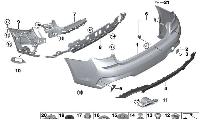 Soporte para esquina del paragolpes trasero izquierdo OEM 51128069393 para BMW G20. Original BMW.