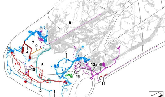 Cableado de reparación paso de rueda delantero izquierdo OEM 61115A0A2A7 para BMW G05, G18, F95, G06, F96. Original BMW.