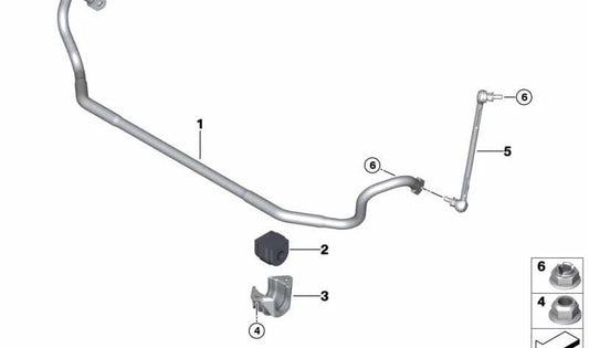 Stabilisator mit Vordergummi -Lager für BMW E81, E82, E87, E88, E90, E92 (OEM 31356796301). Original BMW