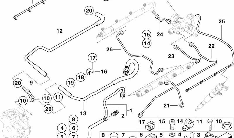 Tubo de retorno de combustible OEM 13537789356 para BMW E65 (todos los modelos compatibles). Original BMW.