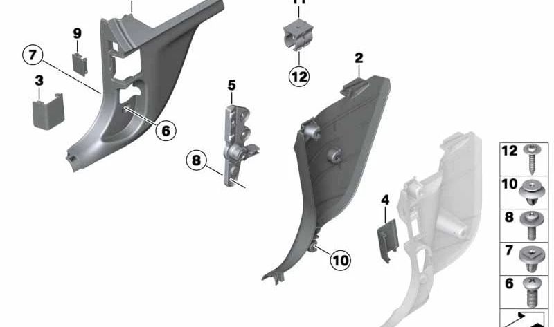 Panel lateral derecho inferior OEM 51437250868 para BMW F20, F20N, F21, F21N, F22, F22N, F23, F23N, F87, F87N. Pieza original BMW. Color negro.