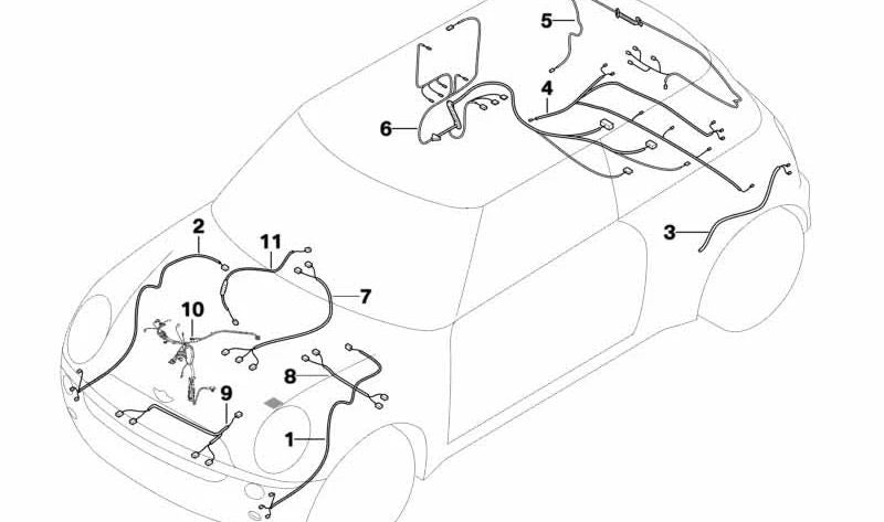 Cableado de reparación trasero derecho OEM 61119169570 para MINI R55 {Cooper, Cooper D, Cooper S, Cooper S JCW} (2007-2010). Sustituye parte del mazo de cables original. Original MINI.