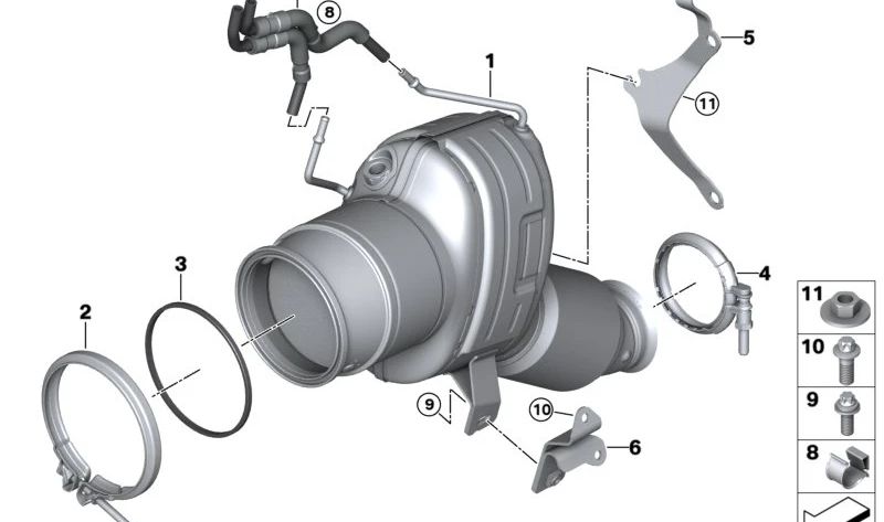Soporte catalizador cercano al motor OEM 18325A04CB6 para BMW G20, G21, G22, G23, G60, G61, G70. Original BMW.