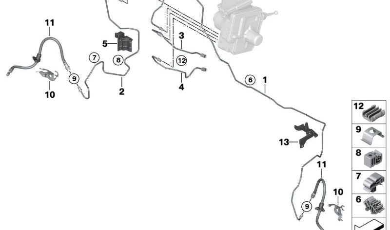 Suporte de linha de freio OEM 34306855949 para BMW F40, F52, F70, F44, F45, F46, U06, F48, F49, U11, U12, F39, U10, F55, F56, F65, F66, F57, F54, F60, U25. BMW originais.