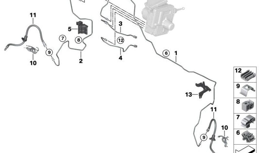 Originalunterstützung OEM 34306854967 für linke vordere Bremsschlauch BMW {F40, F70, F44, F45, F46, U06, F74, F78, F48, U11, U12, F39, U10, F54, F60, U25}. Original BMW.