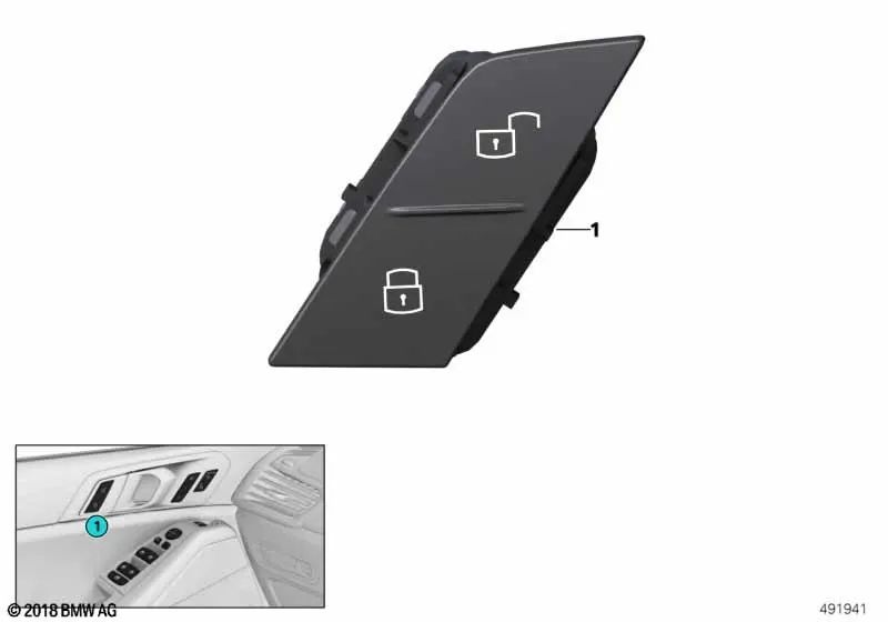 Botão de fechamento centralizado à esquerda para BMW G20, G21, G28, G80, G81 Série 4 G22, G23, G26, G82, G83 Série 8 F91, F92, F93, G16 X7 G07 (OEM 61317950563). BMW original.