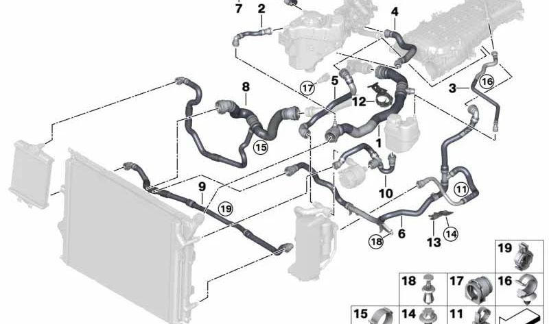 Manguera depósito refrigerante a culata OEM 17128616557 para BMW F20, F21, F22, F23, F30, F32. Original BMW.
