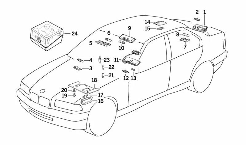 Luz de lectura interior trasera derecha OEM 63318376864 para BMW E36. Original BMW